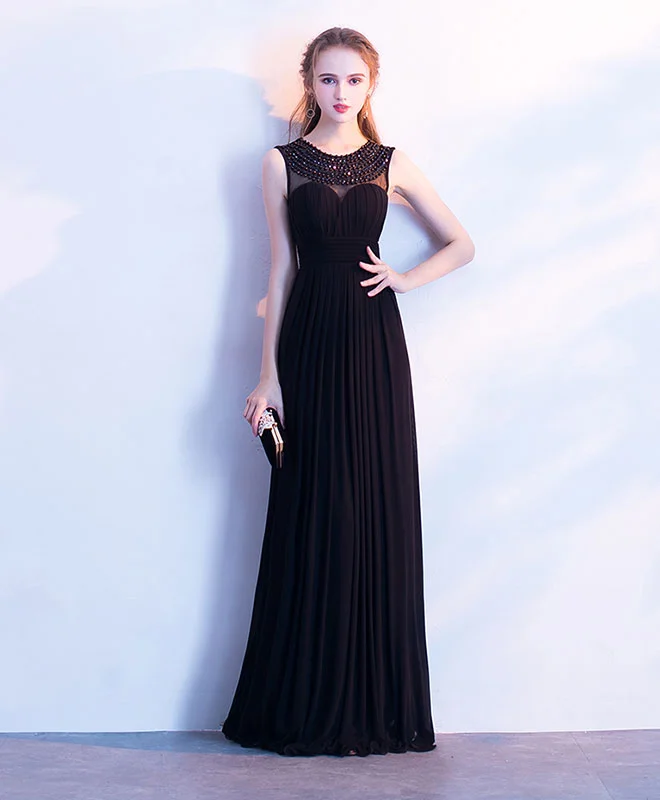 Elegant Black Chiffon Long Prom Dress, Black Evening Dress Tunics Plaid country