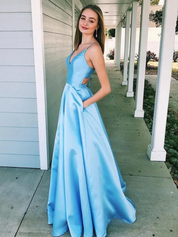 Elegant Light Blue A Line V Neck Floor Length Satin Long Prom Dresses with Pocket, Light Blue Formal Dresses, Evening Dresses Tunics Polka dots Elegant Light Blue A Line V Neck Floor Length Satin Long Prom Dresses with Pocket, Light Blue Formal Dresses, Evening Dresses Tunics Polka dots