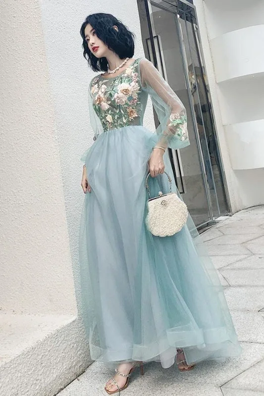 Elegant Long Sleeves Appliqued Tulle Prom Floor Length Appliques Evening Dress Tunics Timeless classic