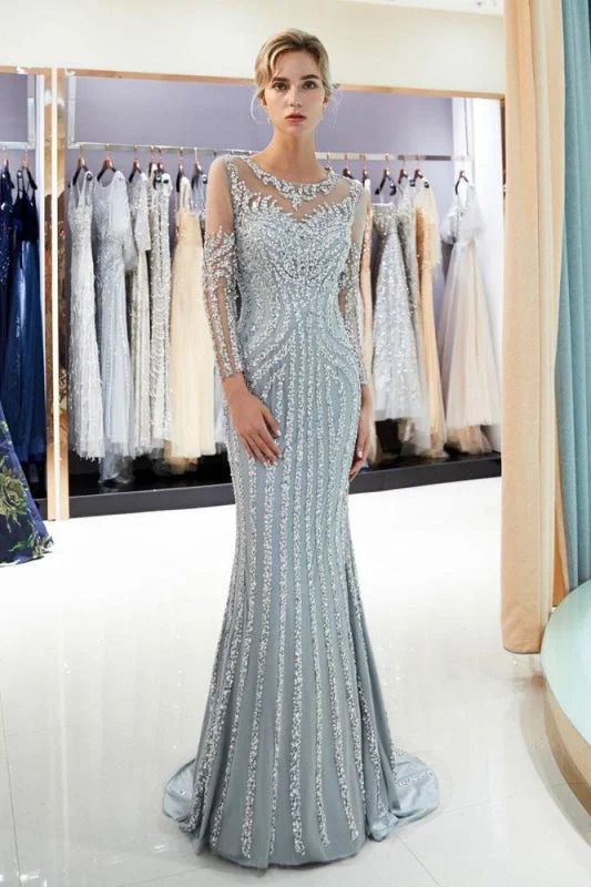 Fascinating Gray Beaded Evening Dresses Luxury Mermaid Crystal Sweep Train Long Sleeves Prom Dress Tunics Trendy modern