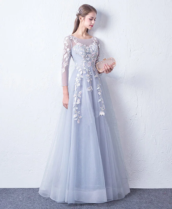 Gray Blue Cute Round Neck Lace Applique Tulle Long Prom Dress, Evening Dress Off-the-shoulder Bohemian Festive