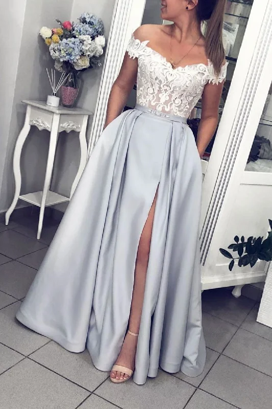 Gray lace off shoulder satin long prom dress gray lace evening dress Tunics stripes playful