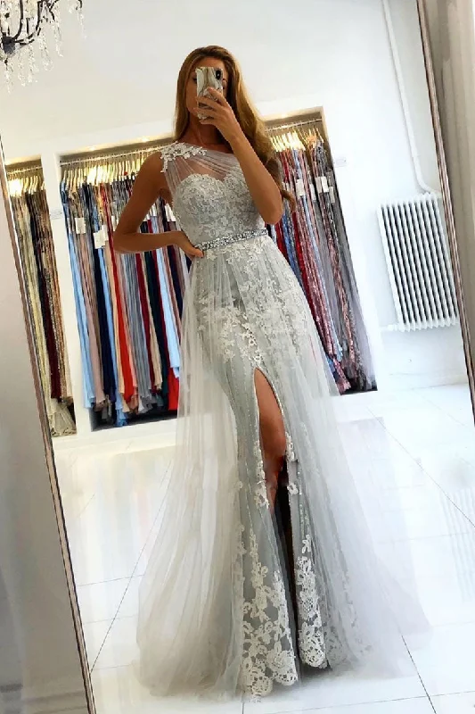 Gray one shoulder lace tulle long prom dress gray evening dress Tunics Velvet soft