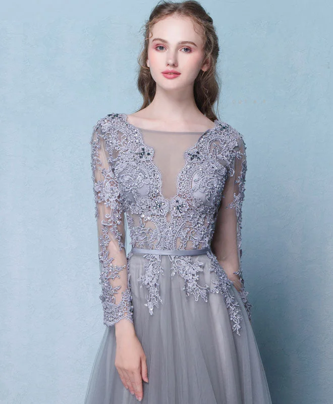 Gray Round Neck Lace Tulle Long Prom Dress, Gray Lace Evening Dress Halter Neckline Beach