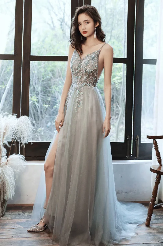 Gray v neck tulle beads long prom dress beads tulle evening dress Tunics Hiking breathable