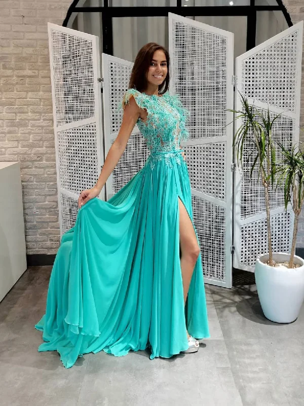 Green round neck chiffon lace long prom dress, lace evening dress Crew Neckline Sporty