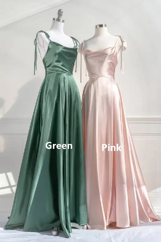 Green Straps Satin A-Line Long Party Dress Bridesmaid Dress, DP2956 Tunics Fall fleece