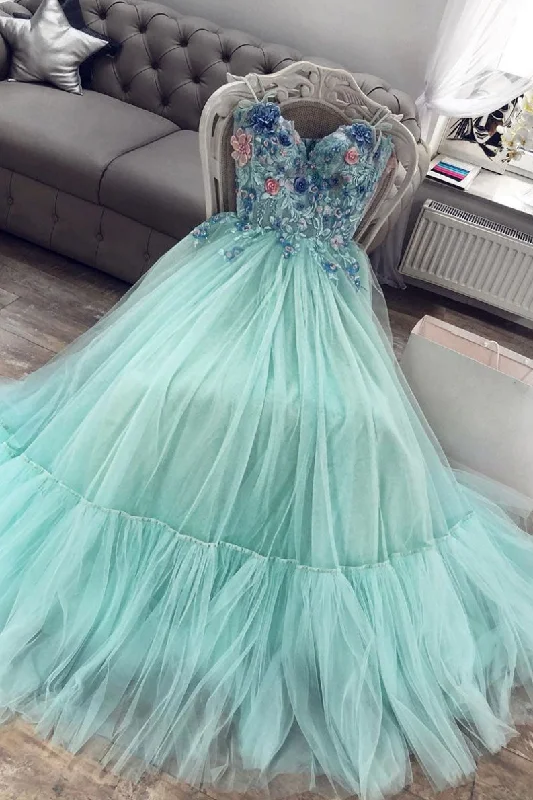 Green sweetheart tulle lace long prom dress green evening dress Tunics Corduroy durable