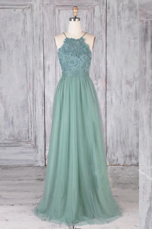 Green tulle lace long prom dress green lace evening dress Satin Halter Glamorous