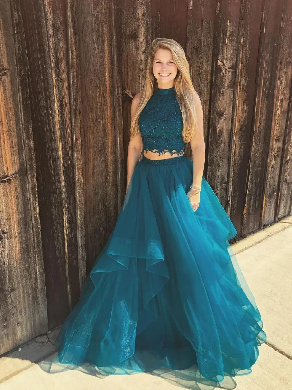 Green two pieces lace tulle long prom dress green evening dress Tunics Distressed trendy