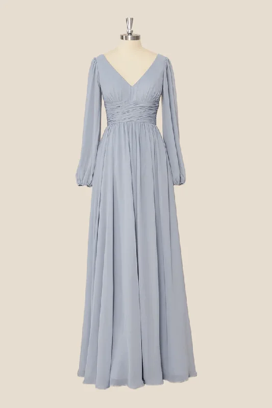 Grey Long Sleeves Chiffon A-Line Long Party Dress Bridesmaid Dress,DP1819 Tunics Brand named