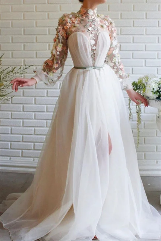 High Collar Mermaid Evening Dress With Flowers Split White Long Sleeves Tunics Yoga stretchy High Collar Mermaid Evening Dress With Flowers Split White Long Sleeves Tunics Yoga stretchy