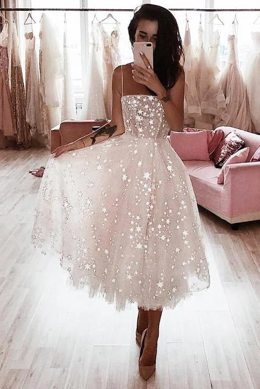 Ivory Spaghetti Strap Tea Length Starry Tulle Homecoming Party Dress Tunics Floral girly