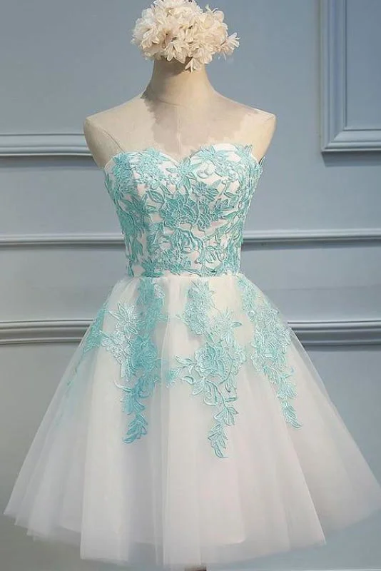 Ivory Sweetheart Homecoming with Mint Appliques Strapless Tulle Short Party Dress Tunics Silk luxurious