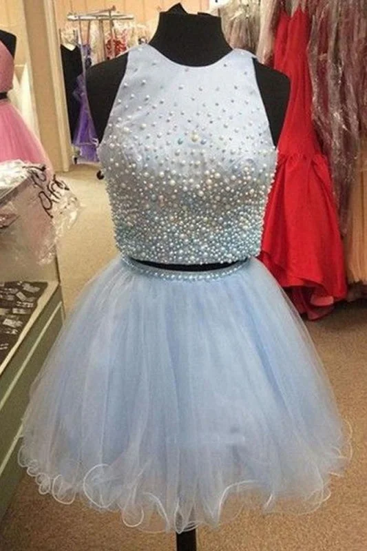 Light Blue Two Piece Homecoming with Beading Cute Tulle Short Party Dress Tunics Cozy comfortable