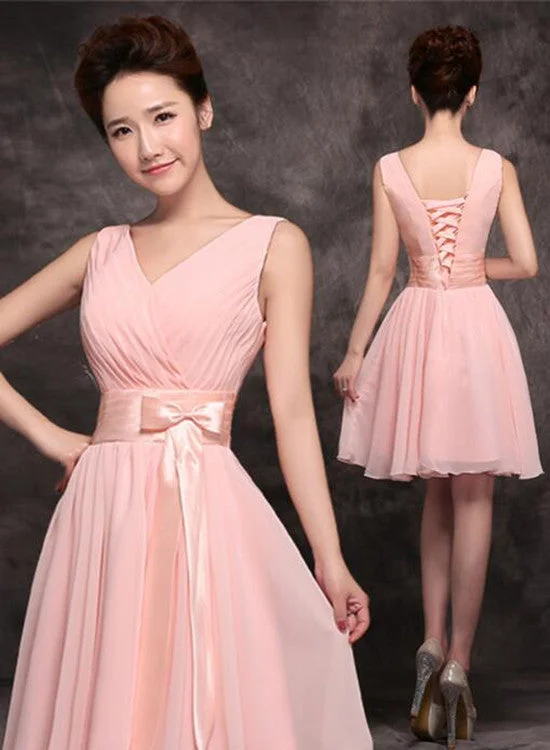 Lovely Pink Party Dress with Bow, Chiffon Cute Formal Dress, Simple Party Dress Tunics Satin smooth