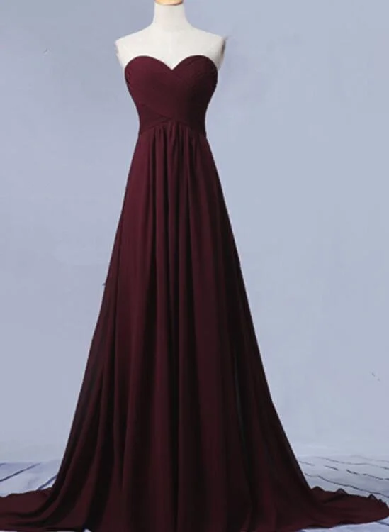 Maroon Long Sweetheart Chiffon Prom Dresses, Pretty Party Dresses, Maroon Bridesmaid Dresses Tunics Travel practical