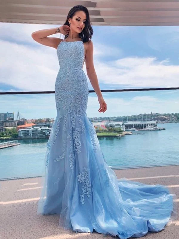Mermaid Backless Light Blue Lace Long Prom Dresses, Mermaid Blue Formal Dresses, Light Blue Lace Evening Dresses Tunics Plaid country