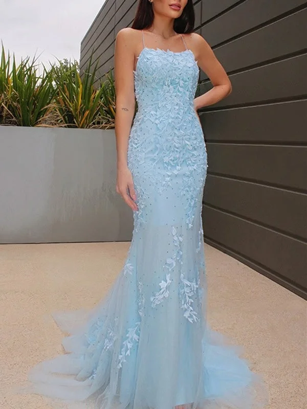 Mermaid Beaded Light Blue Lace Long Prom Dresses with Train, Light Blue Lace Formal Graduation Evening Dresses Tunics Business professional