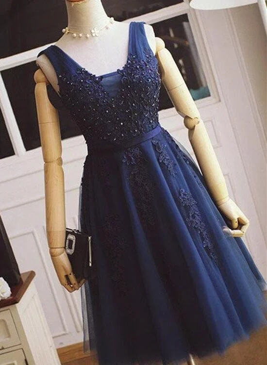 Navy Blue Homecoming Dresses, Applique Short Prom Dress, Knee Length Party Dress Tunics Yoga stretchy