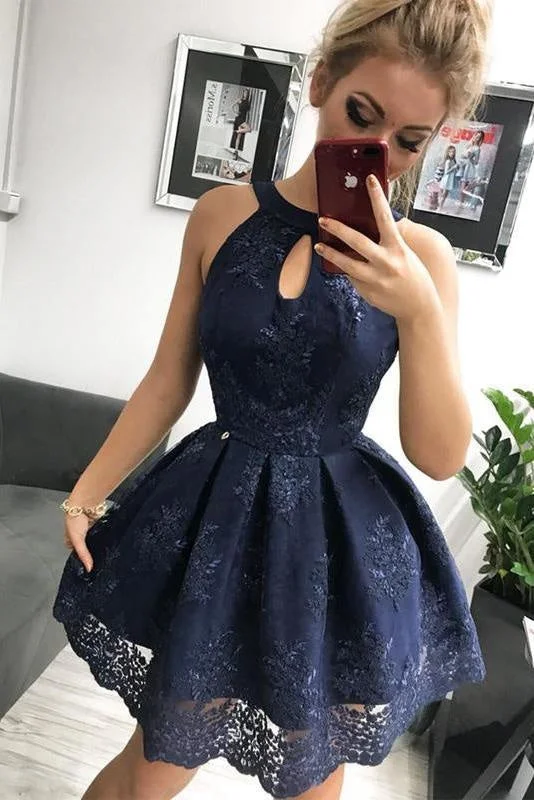 Navy Blue Lace Homecoming Simple Sleeveless Short Party Dresses Prom Dress Tunics Spring floral