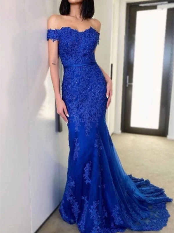 Off Shoulder Mermaid Blue Lace Long Prom Dresses, Blue Lace Formal Dresses, Mermaid Blue Evening Dresses empire Waist empire
