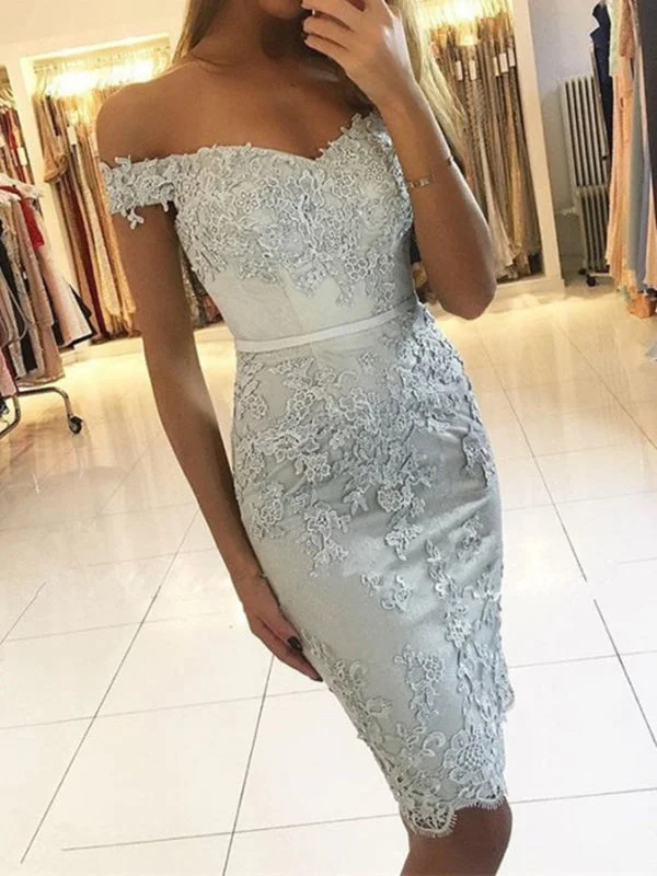 Off Shoulder Mermaid Blue Lace Prom Dresses, Mermaid Blue Homecoming Dresses, Short Blue Formal Evening Dresses Tunics Polka dots