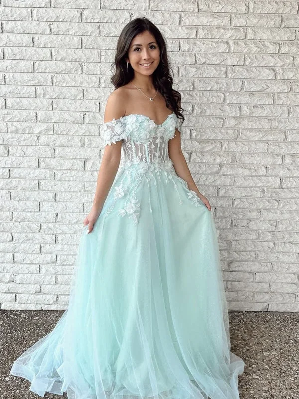 Off Shoulder Mint Green Tulle Lace Floral Long Prom Dresses, Mint Green Formal Graduation Evening Dresses with Appliques Tunics Office stylish