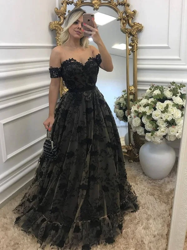 Off Shouler Black Lace Long Prom Dresses with Appliques, Off Shoulder Black Formal Dresses, Evening Dresses Tunics Satin smooth Off Shouler Black Lace Long Prom Dresses with Appliques, Off Shoulder Black Formal Dresses, Evening Dresses Tunics Satin smooth
