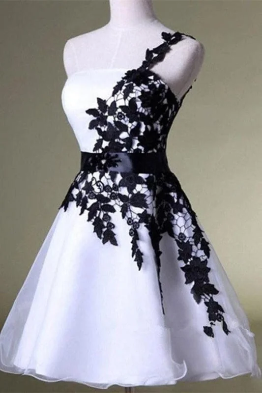 One Shoulder White Homecoming with Black Lace Knee Length Party Dress Tunics Sophisticated sleek