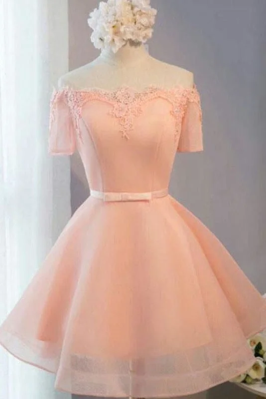 Pastel Orange Appliqued Tulle Off-shoulder Homecoming Dresses Short Party Dress Tunics Floral girly