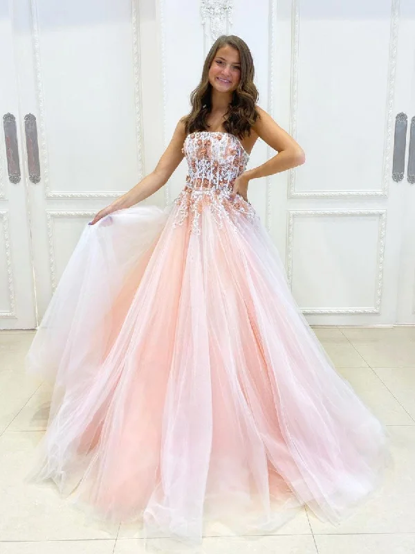 Pink A-line tulle lace long prom dress pink lace long evening dress Tunics Velvet soft