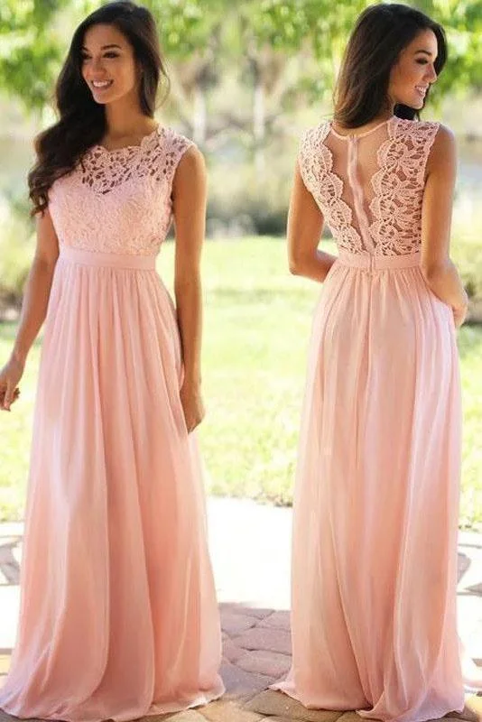 Pink Bridesmaid Dresses Lace Top Long Chiffon Wedding Party Dresses DMO17 Pencil Length Work