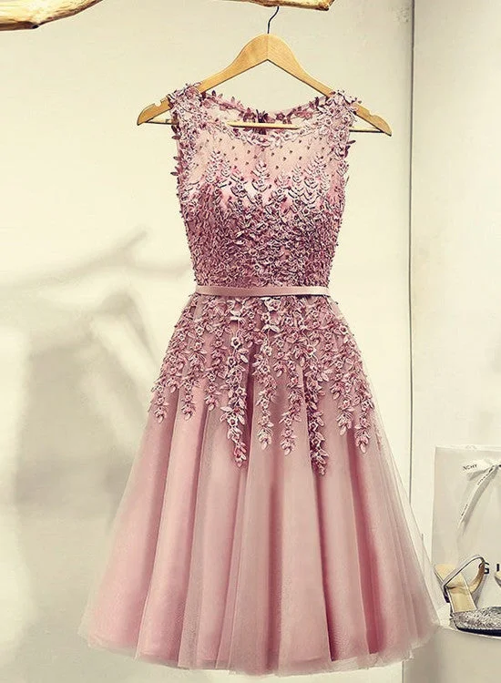 Pink Knee Length Prom Dress, Cute Homecoming Dresses , Tulle Party Dresses Tunics Winter warm