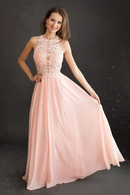 Pink round neck chiffon long prom dress lace pink evening dress Tunics Exclusive limited