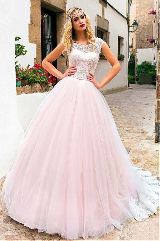 Pink round neck tulle lace long prom dress pink evening dress Pleated Skirt Elegant