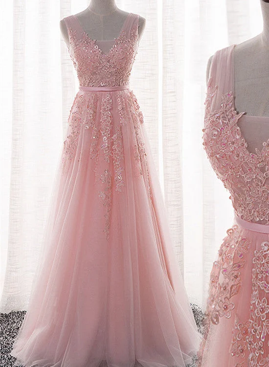 Pink Tulle and Appliques Long Prom Dresses, Pink Tulle Party Dresses, Bridesmaid Dresses Tunics Handmade artisanal