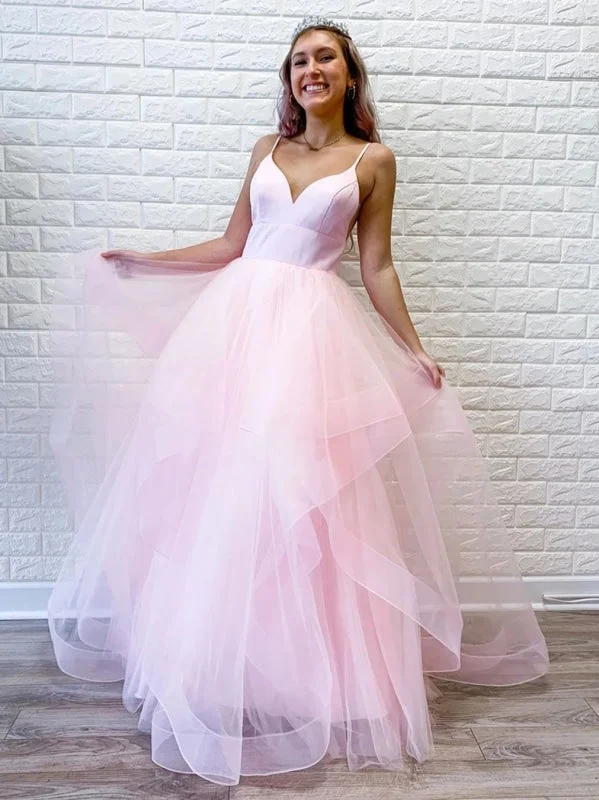Princess V Neck Long Pink/Light Blue Prom Dresses, Puffy Pink/Light Blue Formal Evening Dresses, Light Blue Party Dresses, Pink Ball Shift Classic Vintage