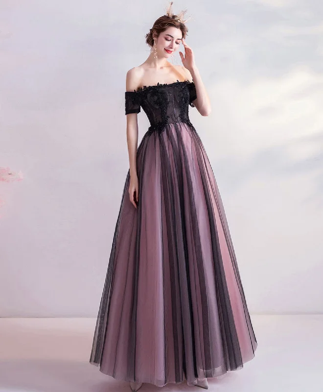 Purple Tulle Lace Off Shoulder Long Prom Dress, Purple Evening Dress Tunics Bridal satin