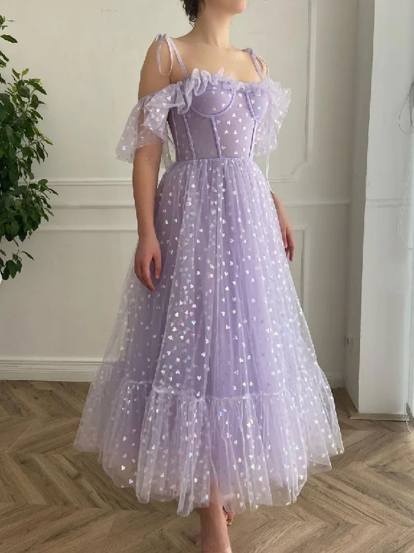 Purple tulle tea length prom dress, purple evening dress Turtleneck Neckline Stylish