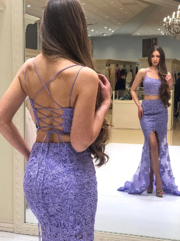 Purple two pieces lace long prom dress, purple lace evening dress Tunics Short Trendy