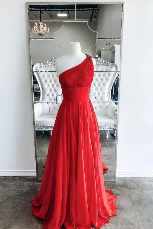 Red one shoulder long prom dress red evening dress Tunics Practical durable