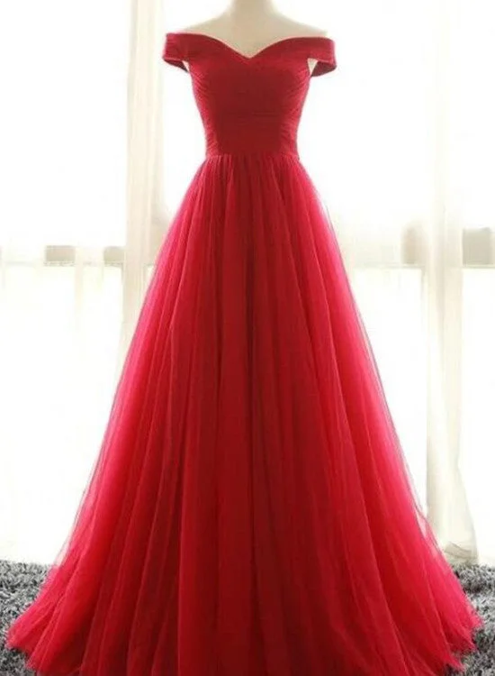 Red Prom Dresses , Charming Off Shoulder Tulle A-line Party Dresses, Evening Gown Tunics Practical durable