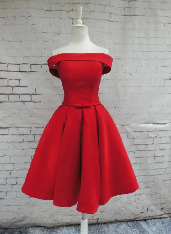 Red Satin Homecoming Dresses, Off Shoulder Party Dress, Knee Length Prom Dress Tunics Evening elegant