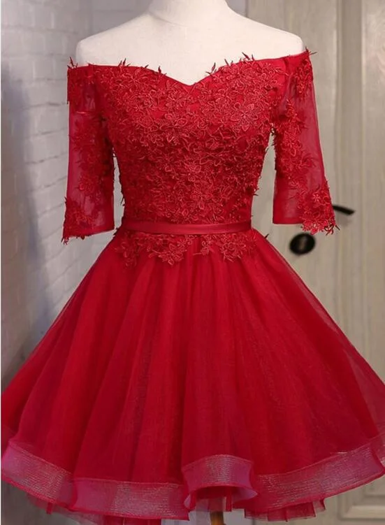 Red Short Prom Dresses , Short Sleeves Off Shoulder Party Dresses, Red Homecoming Dresses Tunics Office stylish