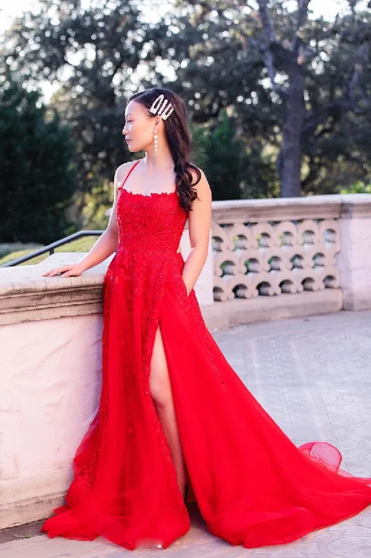 Red tulle lace long prom dress backless lace long evening dress Tunics Favorite customer