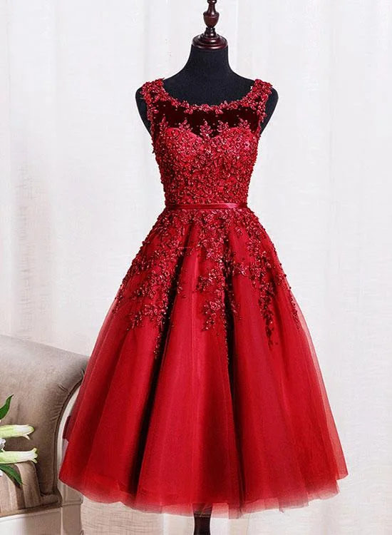 Red Tulle Tea Length Party Dresses, Prom Dresses , Red Homecoming Dresses Tunics Fashionable trendy