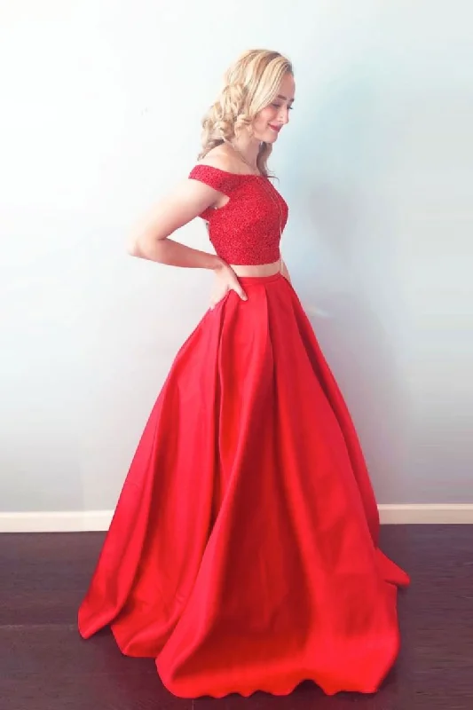 Red two pieces satin long prom dress red long evening dress Tunics Sophisticated sleek