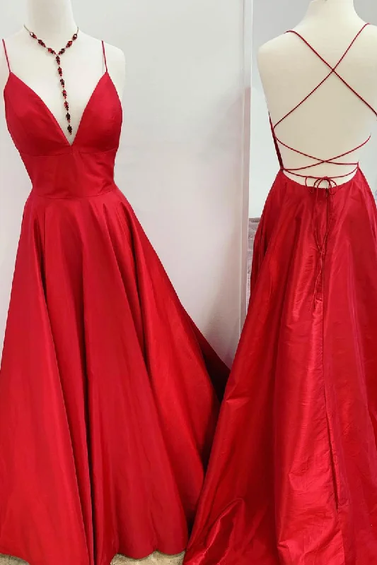 Red v neck backless satin long prom dress red evening dress Tunics Versatile functional