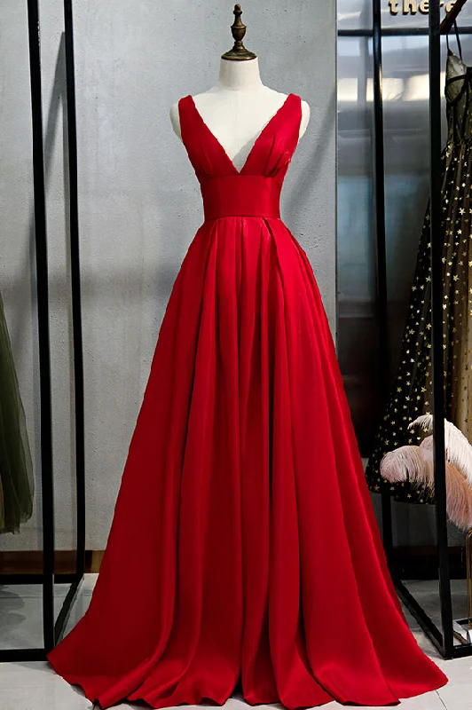 Red v neck satin long prom dress simple red evening dress Off-the-shoulder Bohemian Festive